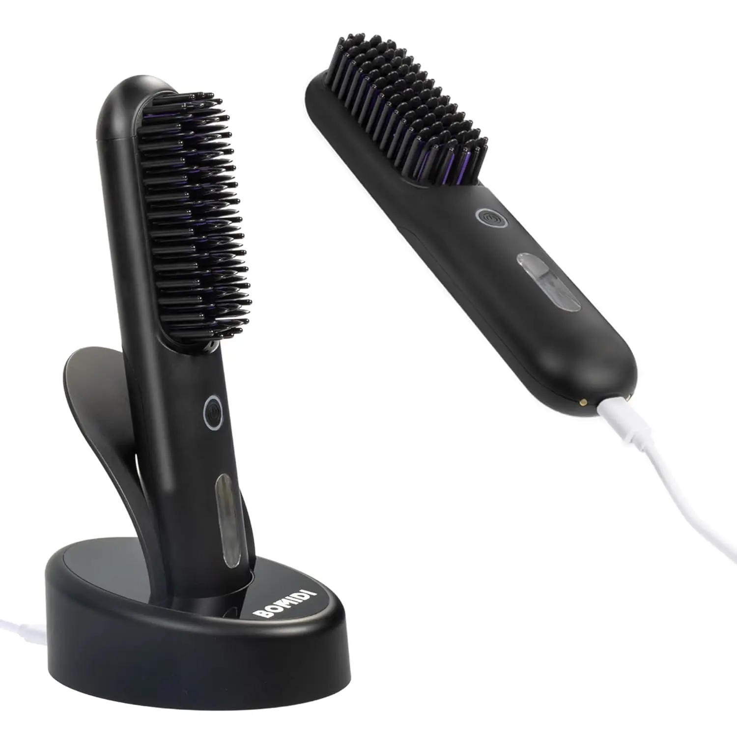 This cordless hair straightener brush features a detachable comb for easy cleaning, offers six smart temperature settings, utilizes 200 million negative ions for shine, and includes both Type-C and docking base charging options, making it the perfect travel companion for achieving salon-quality styles on the go.