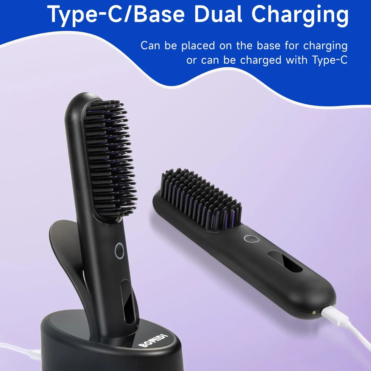 This cordless hair straightener brush features a detachable comb for easy cleaning, offers six smart temperature settings, utilizes 200 million negative ions for shine, and includes both Type-C and docking base charging options, making it the perfect travel companion for achieving salon-quality styles on the go.