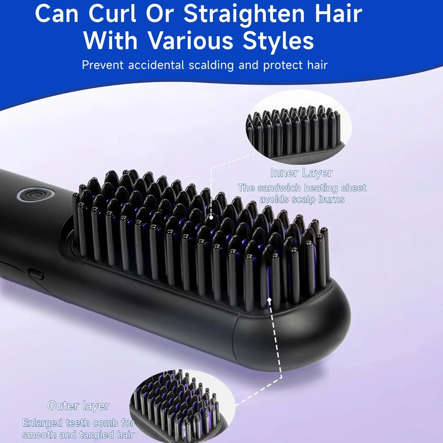 This cordless hair straightener brush features a detachable comb for easy cleaning, offers six smart temperature settings, utilizes 200 million negative ions for shine, and includes both Type-C and docking base charging options, making it the perfect travel companion for achieving salon-quality styles on the go.