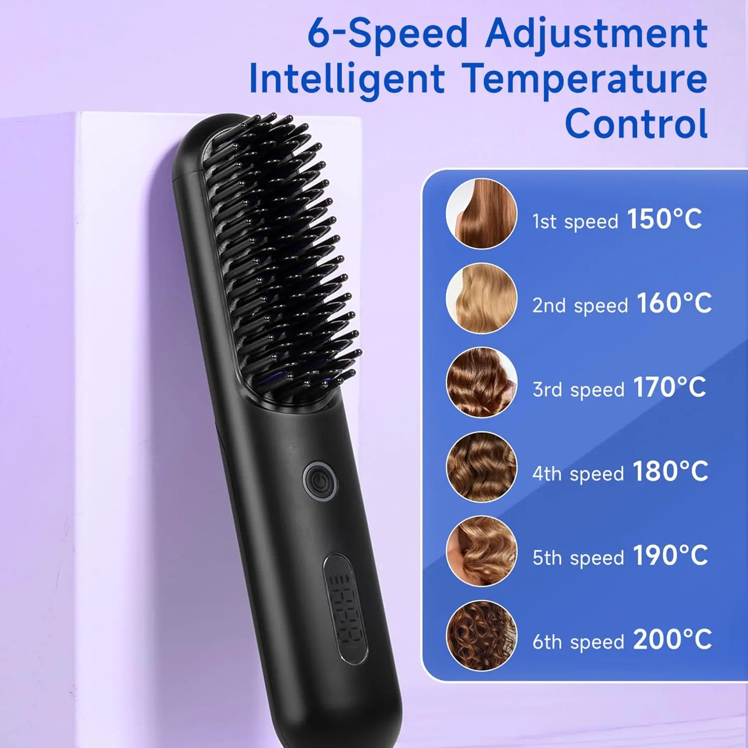 This cordless hair straightener brush features a detachable comb for easy cleaning, offers six smart temperature settings, utilizes 200 million negative ions for shine, and includes both Type-C and docking base charging options, making it the perfect travel companion for achieving salon-quality styles on the go.