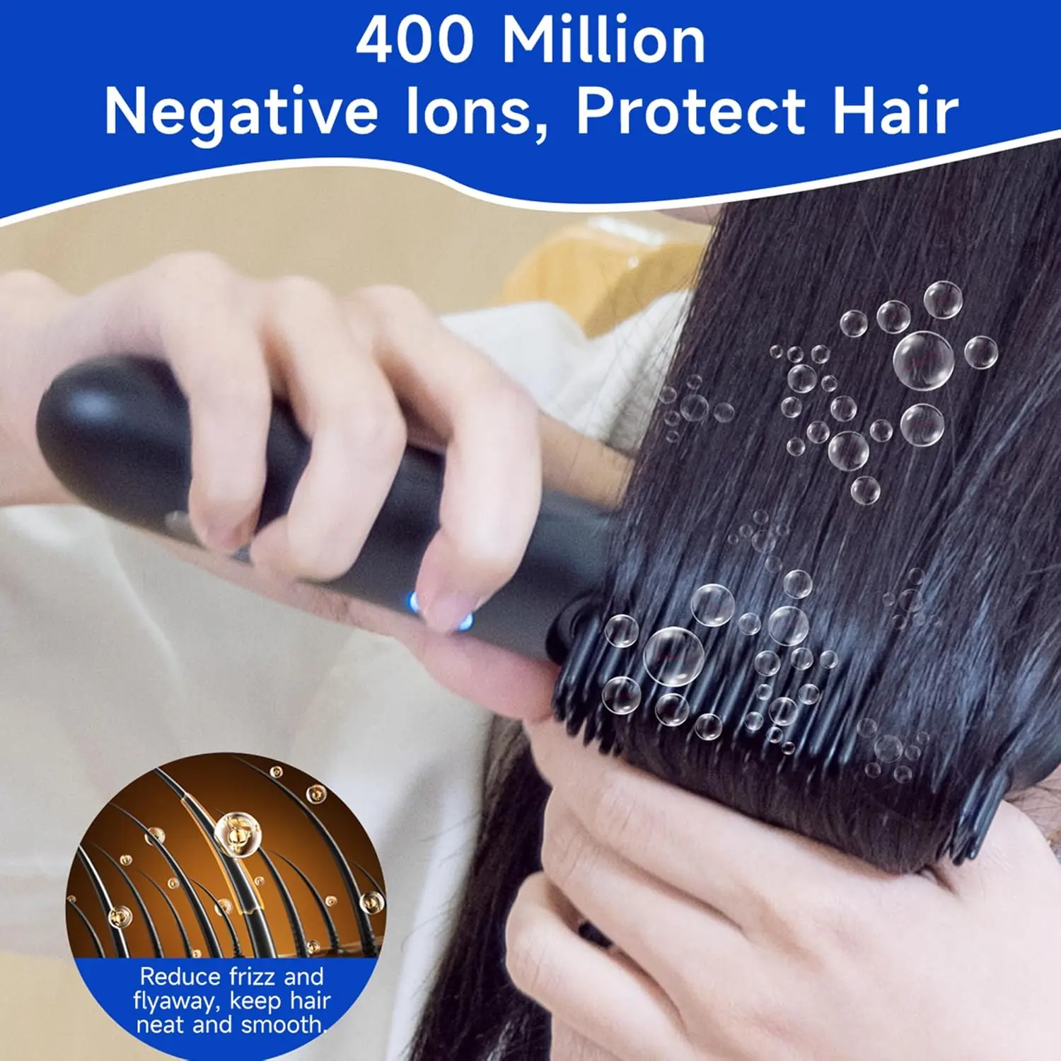 This cordless hair straightener brush features a detachable comb for easy cleaning, offers six smart temperature settings, utilizes 200 million negative ions for shine, and includes both Type-C and docking base charging options, making it the perfect travel companion for achieving salon-quality styles on the go.
