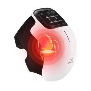 Cordless knee massager with heat and vibration provides pain relief and relaxation with three heating and vibration levels.