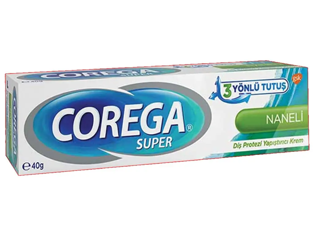 A tube of Corega Denture Fixative Cream, 40g, designed for teeth and gum health.