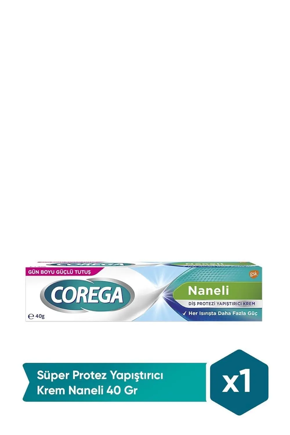 A tube of Corega Denture Fixative Cream, 40g, designed for teeth and gum health.