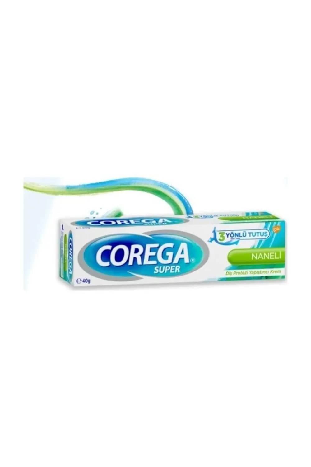 A tube of Corega Denture Fixative Cream, 40g, designed for teeth and gum health.