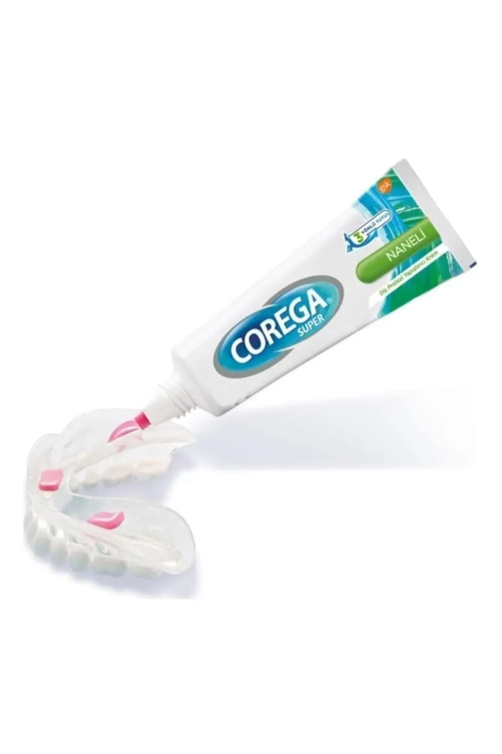 A tube of Corega Denture Fixative Cream, 40g, designed for teeth and gum health.