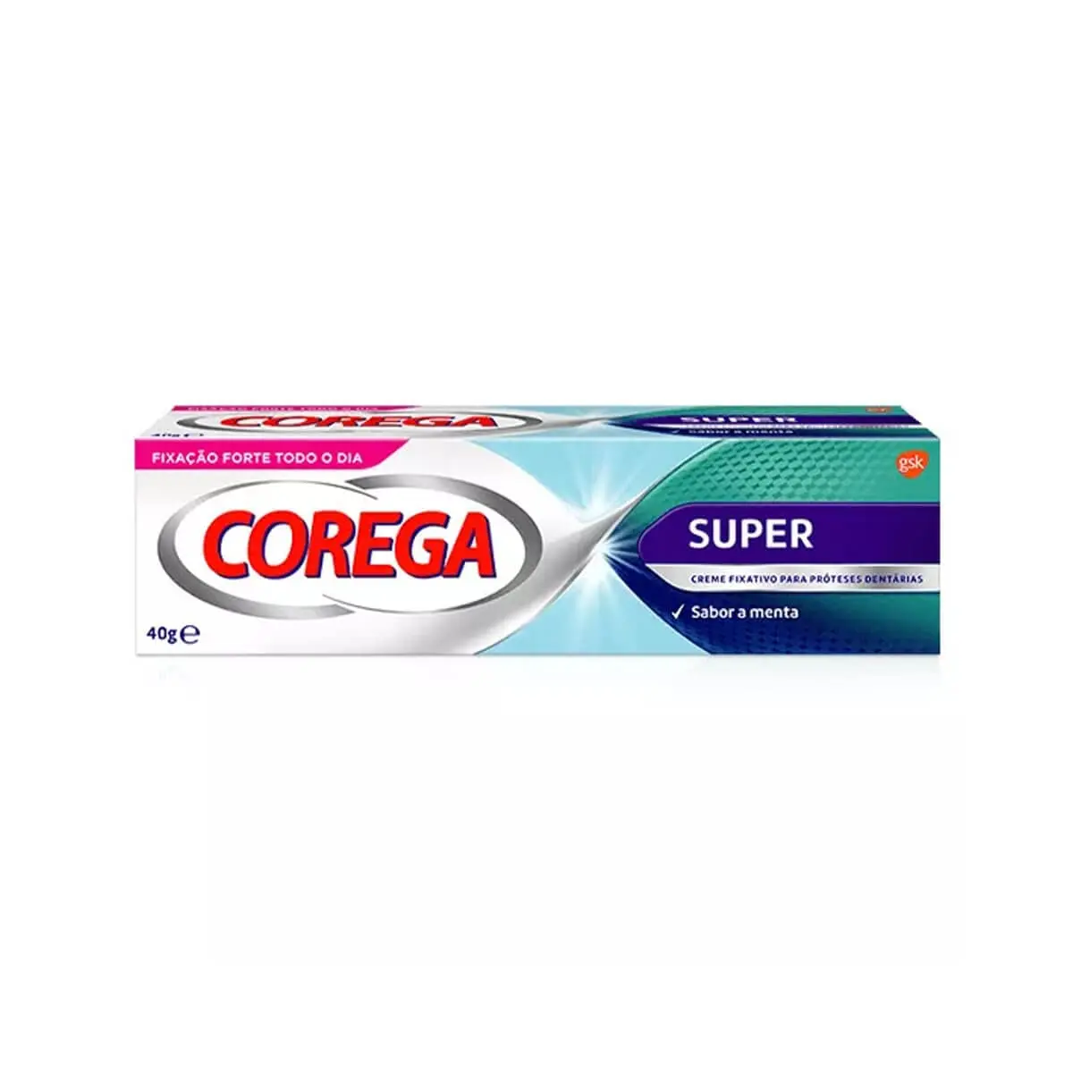 A tube of Corega Super Strong Cream, a denture adhesive that provides a strong, lasting hold, creates a barrier against gum irritation, and prevents food particles from getting trapped under dentures.