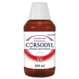 Corsodyl Original Alcohol Free Mouthwash, 300ml, an antibacterial and medicated treatment to prevent gum disease and stop bleeding gums.
