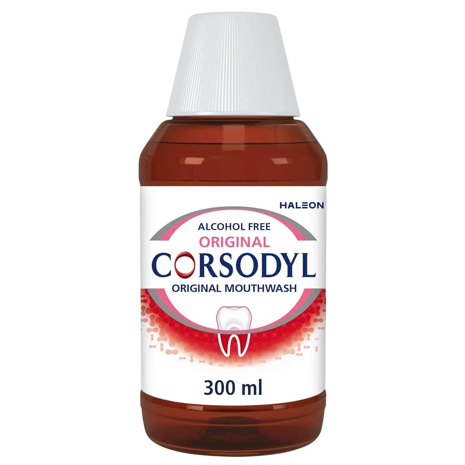 Corsodyl Original Alcohol Free Mouthwash, 300ml, an antibacterial and medicated treatment to prevent gum disease and stop bleeding gums.