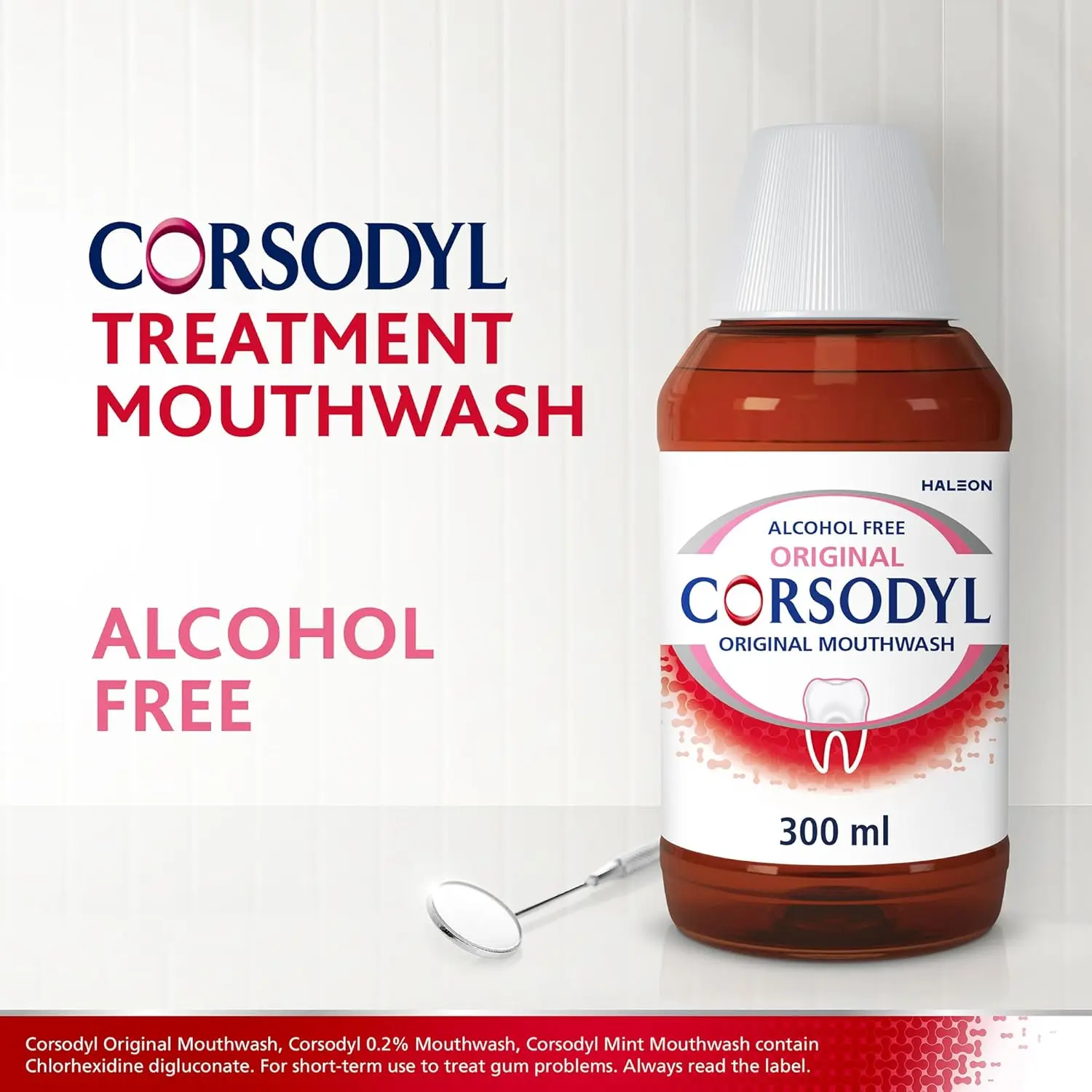 Corsodyl Original Alcohol Free Mouthwash, 300ml, an antibacterial and medicated treatment to prevent gum disease and stop bleeding gums.