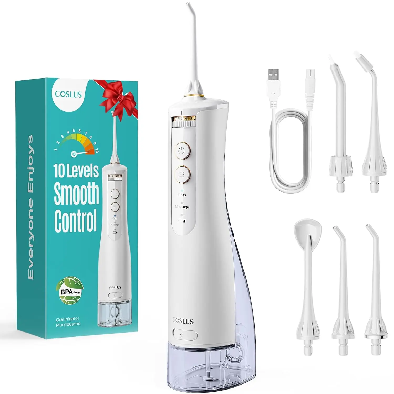 The COSLUS E40 water flosser provides 10 pressure settings for personalized teeth and gum care with a portable, rechargeable design and a BPA-free 300ml water tank.