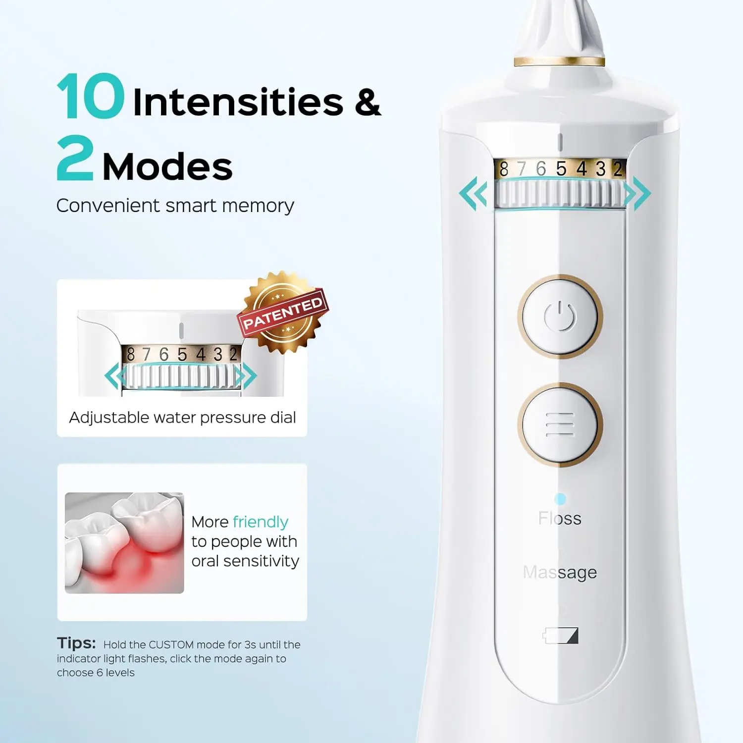 The COSLUS E40 water flosser provides 10 pressure settings for personalized teeth and gum care with a portable, rechargeable design and a BPA-free 300ml water tank.