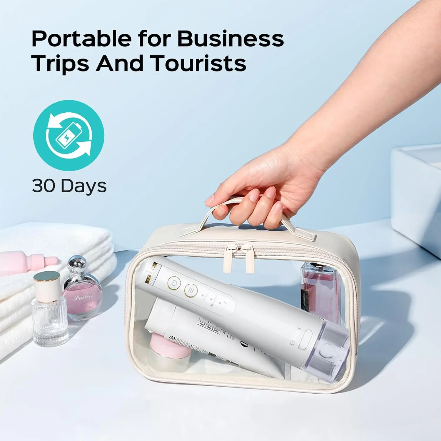 The COSLUS E40 water flosser provides 10 pressure settings for personalized teeth and gum care with a portable, rechargeable design and a BPA-free 300ml water tank.