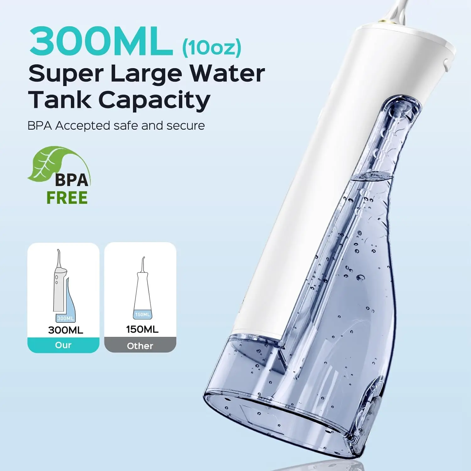 The COSLUS E40 water flosser provides 10 pressure settings for personalized teeth and gum care with a portable, rechargeable design and a BPA-free 300ml water tank.