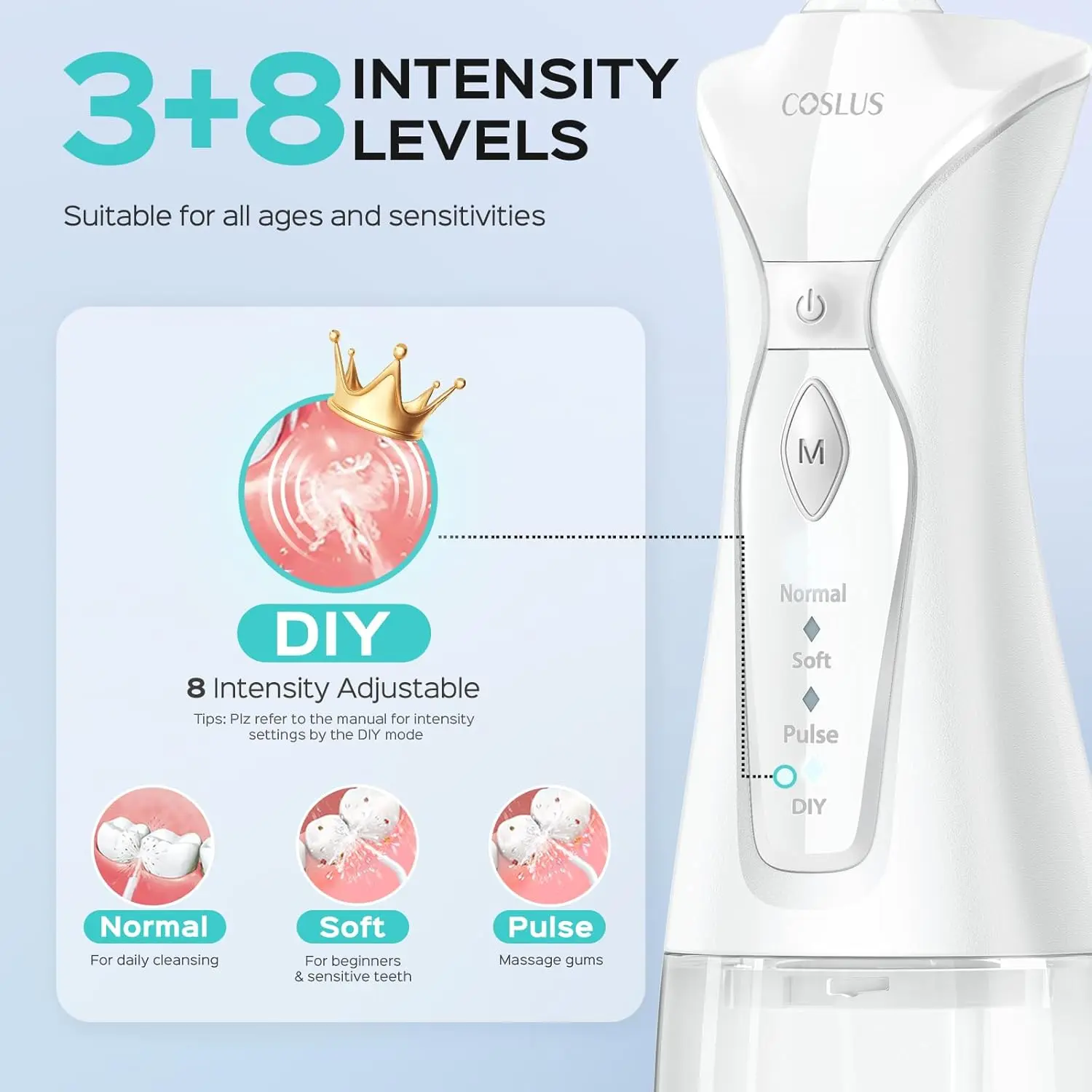 This cordless COSLUS water flosser is designed for deep cleaning and gum care, featuring multiple modes, a large water tank, and included nozzles for effective teeth and braces cleaning on the go.