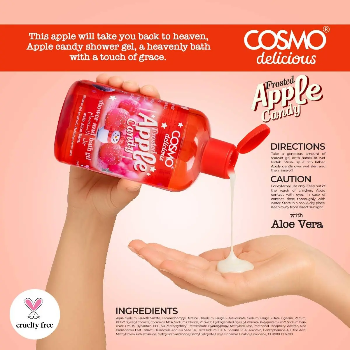 Cosmo frosted apple shower gel gently cleanses and moisturizes skin with a sweet, refreshing fragrance.