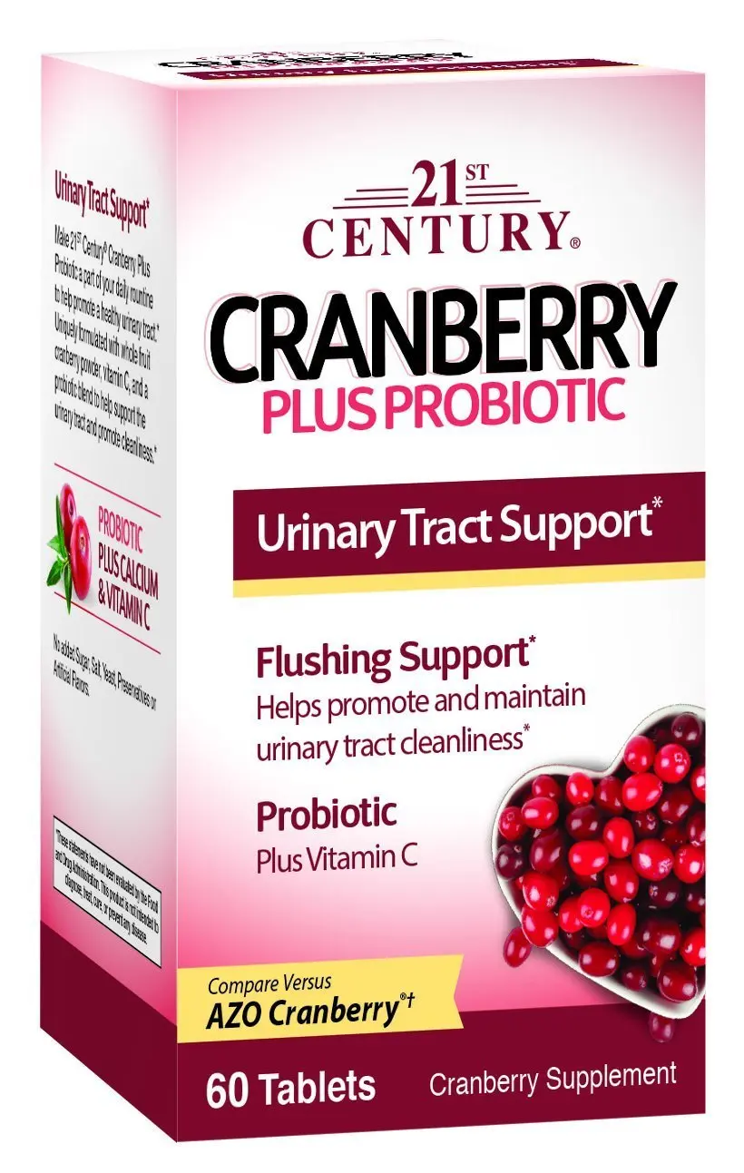 21st Century Cranberry plus Probiotics supplement supports urinary tract health with calcium and vitamin C, offering gluten-free flushing support without added sugar, yeast, preservatives, or artificial flavors.