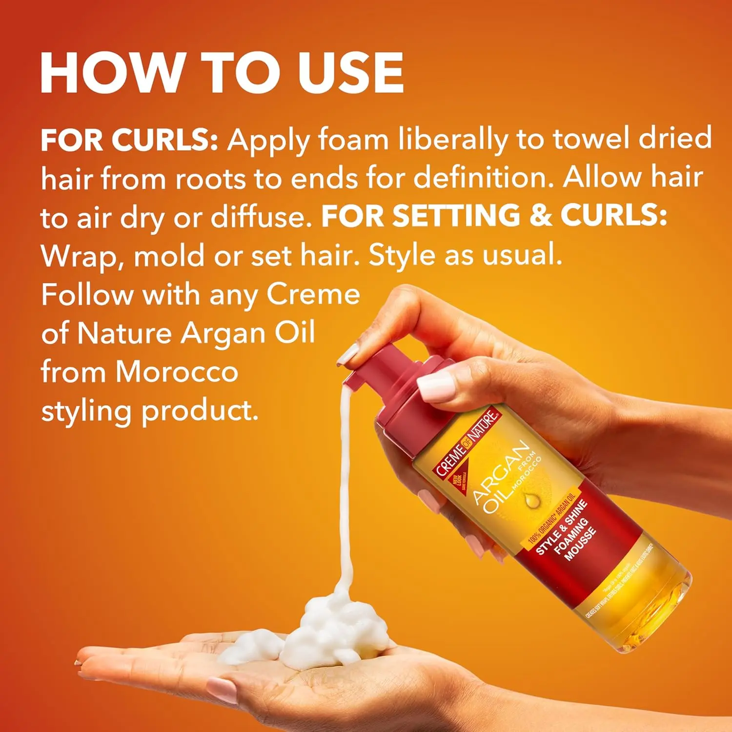 Creme of Nature Argan Oil Foaming Styling Lotion strengthens and adds texture to curly, frizzy, or wavy hair.