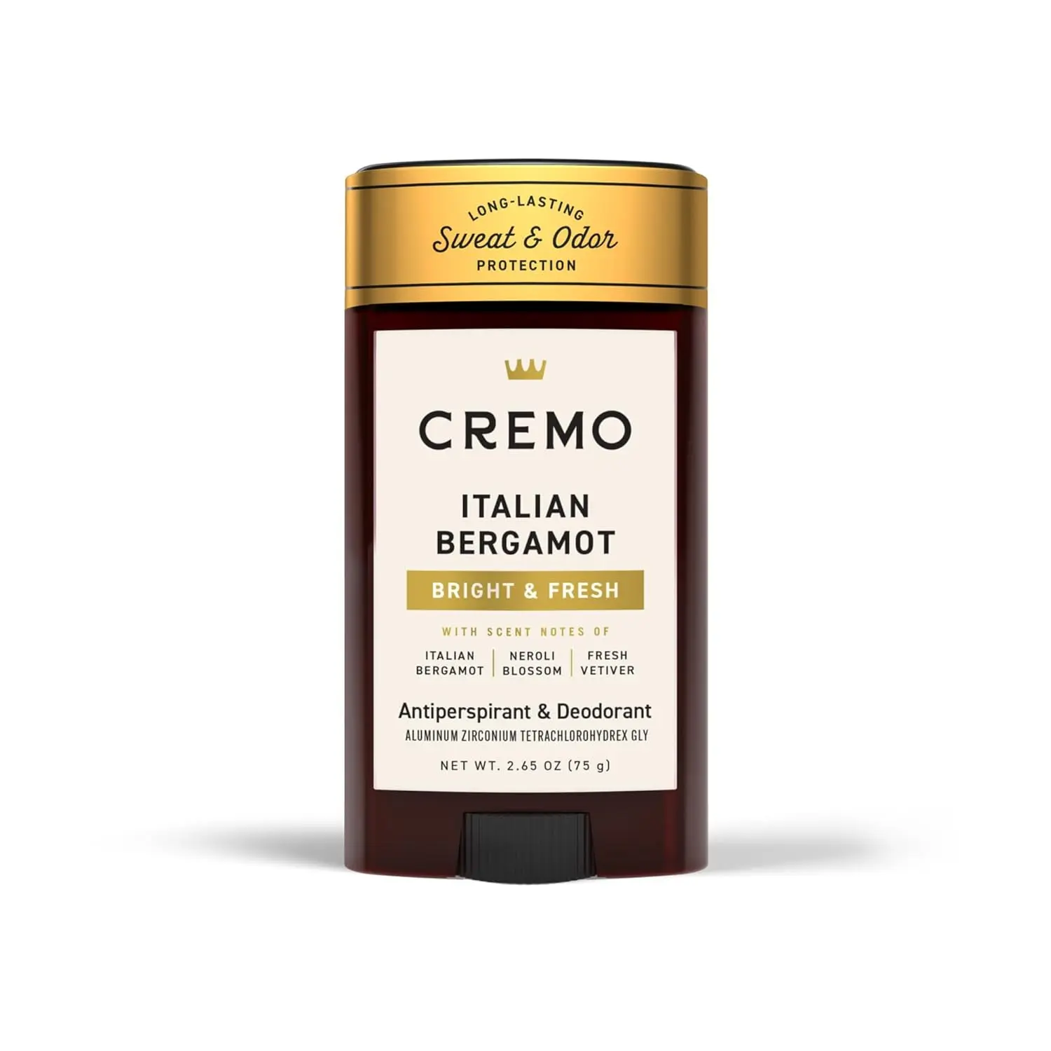 Cremo Italian Bergamot antiperspirant deodorant for men provides 48-hour sweat and odor protection with a smooth, fresh fragrance.