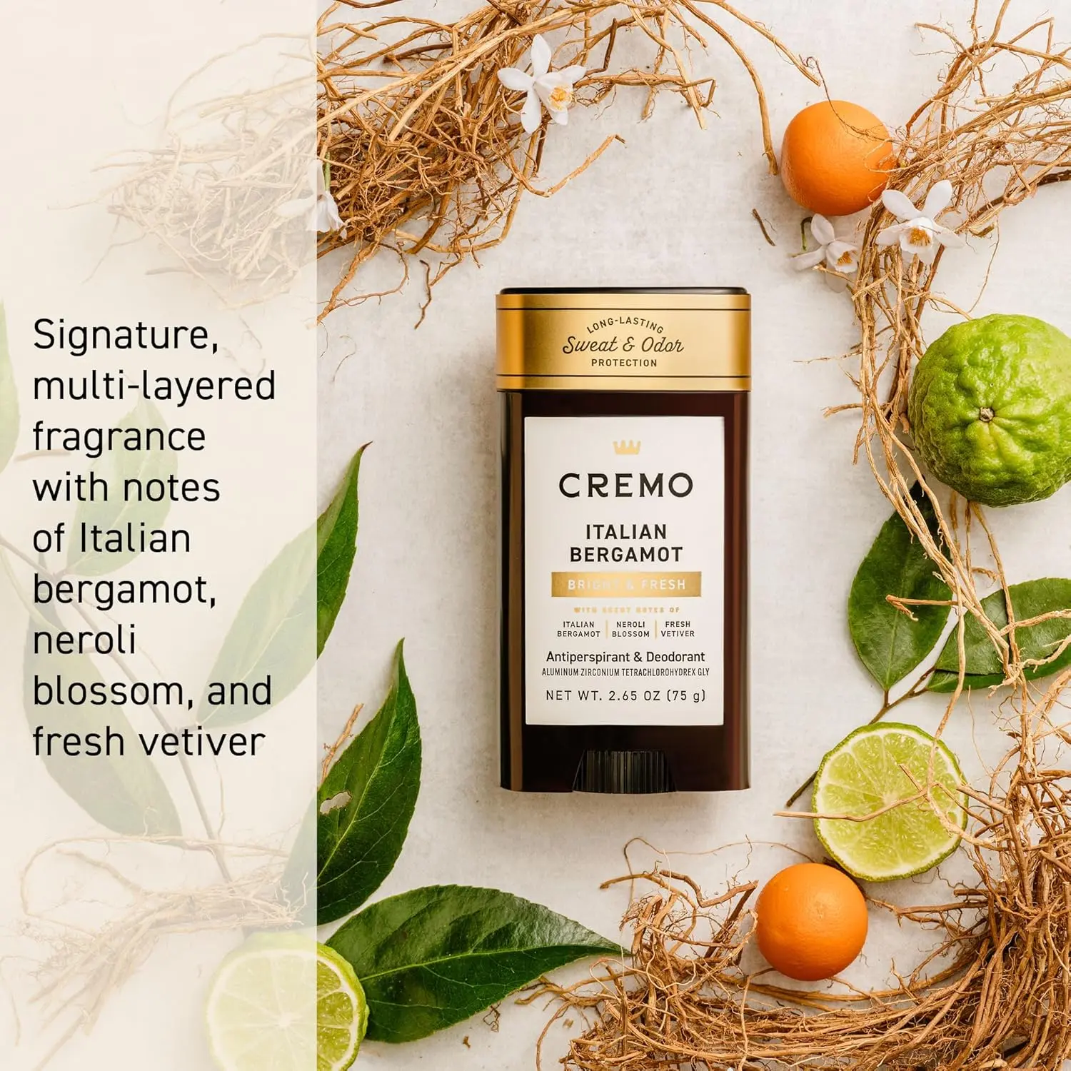 Cremo Italian Bergamot antiperspirant deodorant for men provides 48-hour sweat and odor protection with a smooth, fresh fragrance.