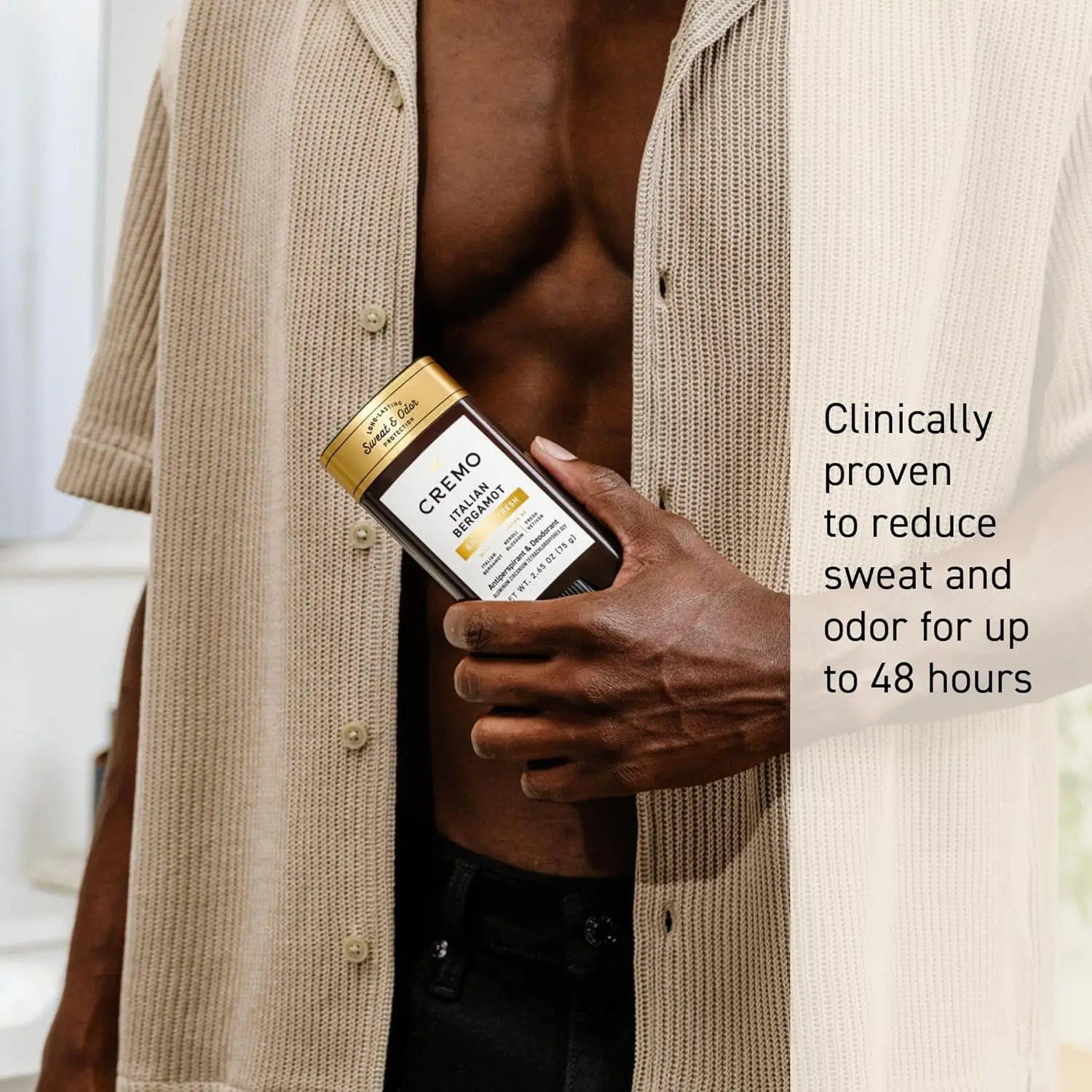 Cremo Italian Bergamot antiperspirant deodorant for men provides 48-hour sweat and odor protection with a smooth, fresh fragrance.