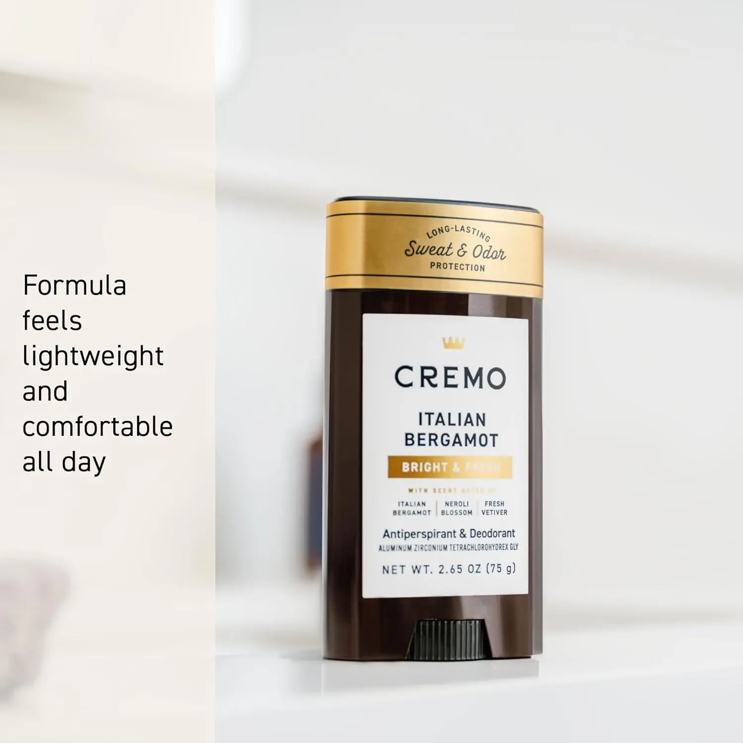 Cremo Italian Bergamot antiperspirant deodorant for men provides 48-hour sweat and odor protection with a smooth, fresh fragrance.