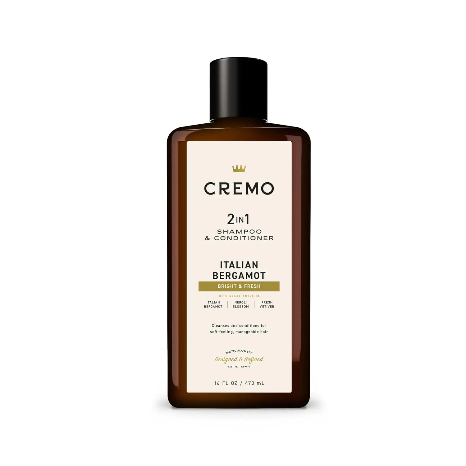 Bottle of Cremo Italian Bergamot 2 in 1 shampoo and conditioner for men, featuring a refreshing scent of neroli blossom and fresh vetiver for all hair types.