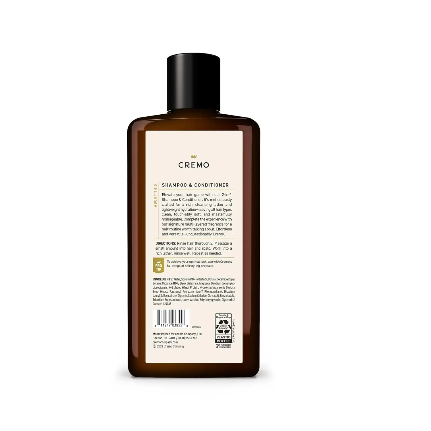 Bottle of Cremo Italian Bergamot 2 in 1 shampoo and conditioner for men, featuring a refreshing scent of neroli blossom and fresh vetiver for all hair types.