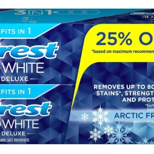 Two tubes of Crest 3D White Arctic Fresh toothpaste, each 75ml, for whitening.