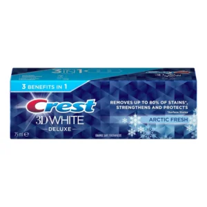 Crest 3D White Deluxe Arctic Fresh toothpaste whitens teeth with gentle silica stain removal.