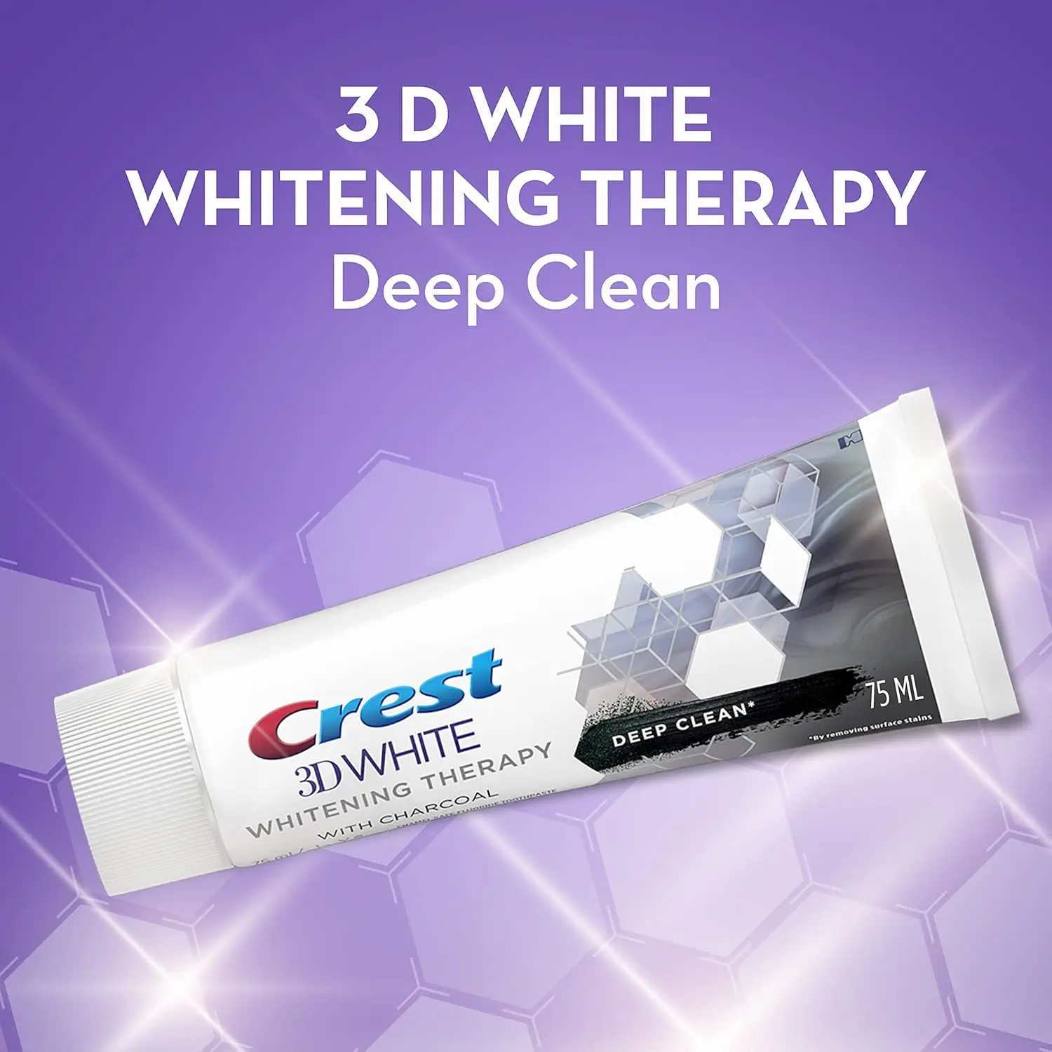 Tube of Crest 3D White Charcoal toothpaste gently whitens teeth, freshens breath with mint, and helps strengthen enamel.