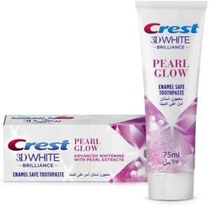 Crest 3D White Brilliance Pearl Glow toothpaste removes surface stains and provides 24 hour stain resistance.