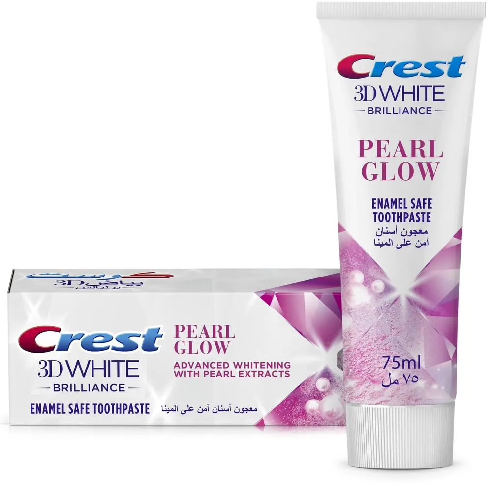 Crest 3D White Brilliance Pearl Glow toothpaste removes surface stains and provides 24 hour stain resistance.