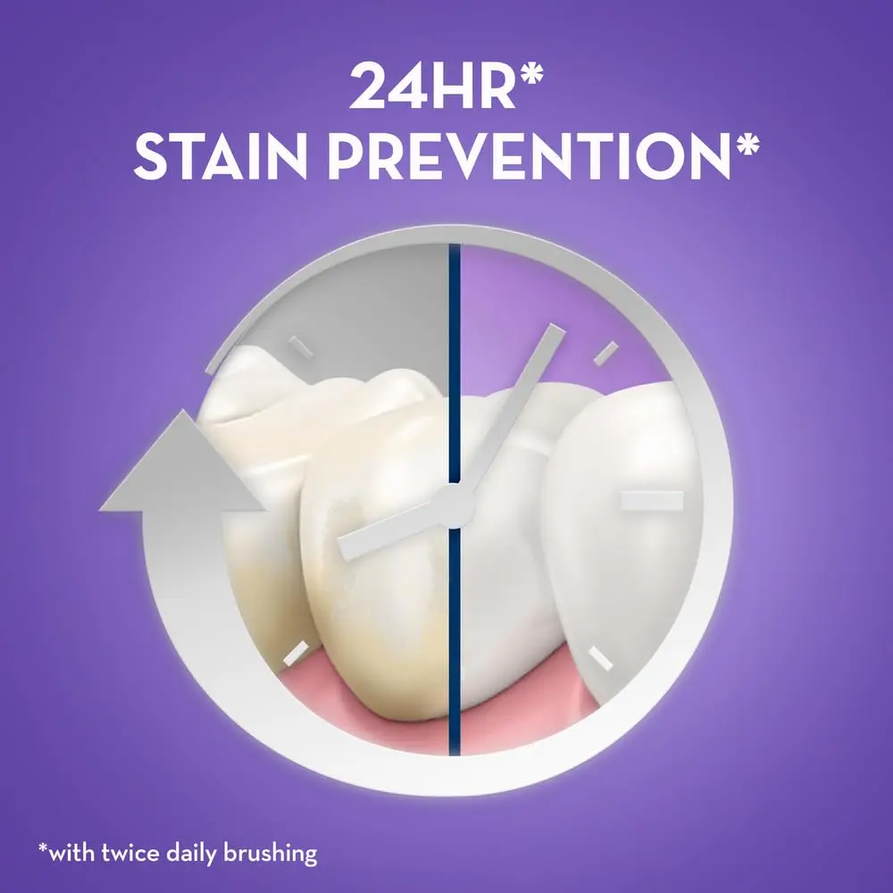 Crest 3D White Brilliance Pearl Glow toothpaste removes surface stains and provides 24 hour stain resistance.