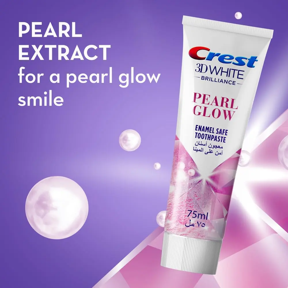 Crest 3D White Brilliance Pearl Glow toothpaste removes surface stains and provides 24 hour stain resistance.