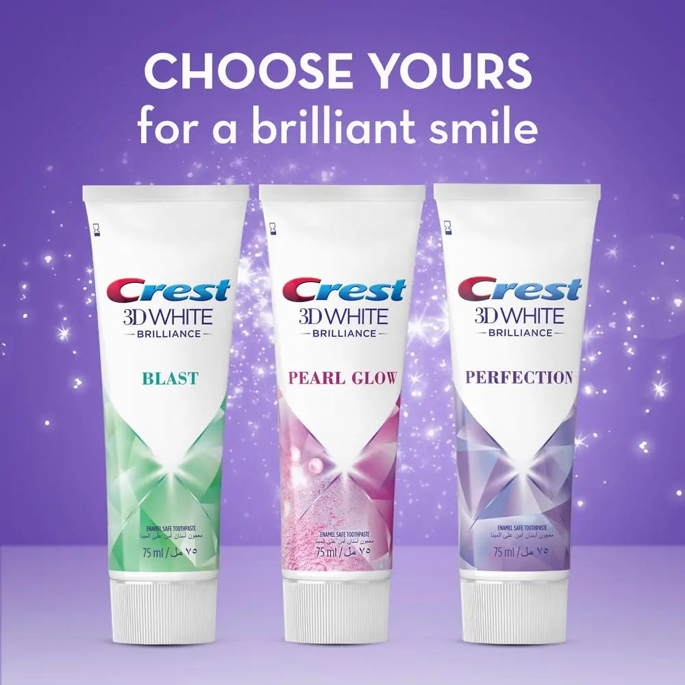Crest 3D White Brilliance Pearl Glow toothpaste removes surface stains and provides 24 hour stain resistance.