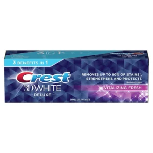 Crest 3D White Deluxe Instant Pearl toothpaste removes up to 80% of surface stains while whitening, strengthening, and protecting enamel, leaving a vitalizing mint freshness.