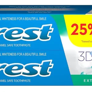 Two tubes of Crest 3D White Extreme Mint toothpaste for lasting freshness and three-dimensional teeth whitening with an enamel safe formula that cleans teeth, gums, and tongue.