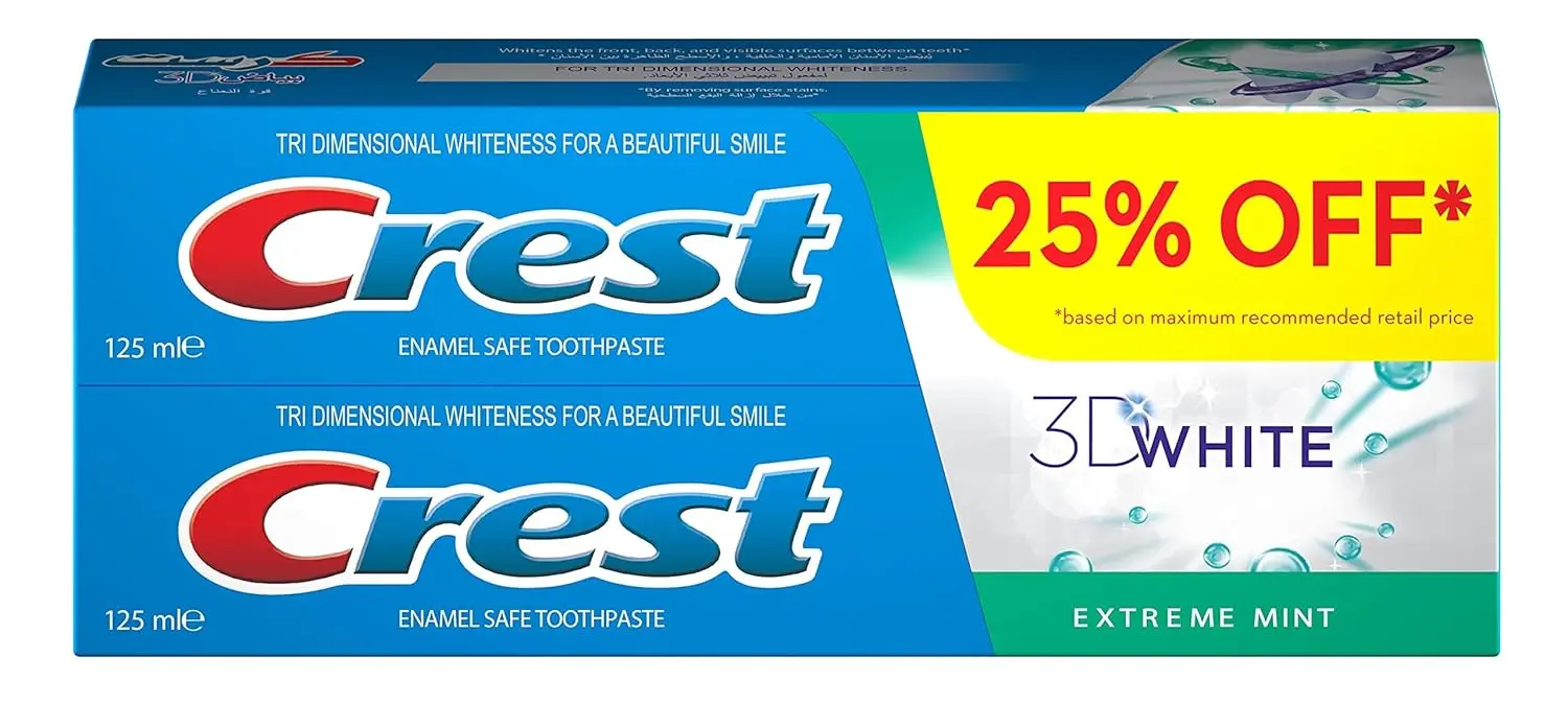 Two tubes of Crest 3D White Extreme Mint toothpaste for lasting freshness and three-dimensional teeth whitening with an enamel safe formula that cleans teeth, gums, and tongue.