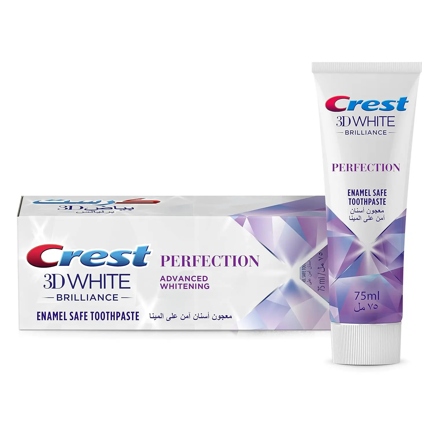 Crest 3D White Brilliance Perfection toothpaste removes surface stains in 3 days, protects enamel, prevents cavities and tartar, freshens breath, and offers advanced whitening.