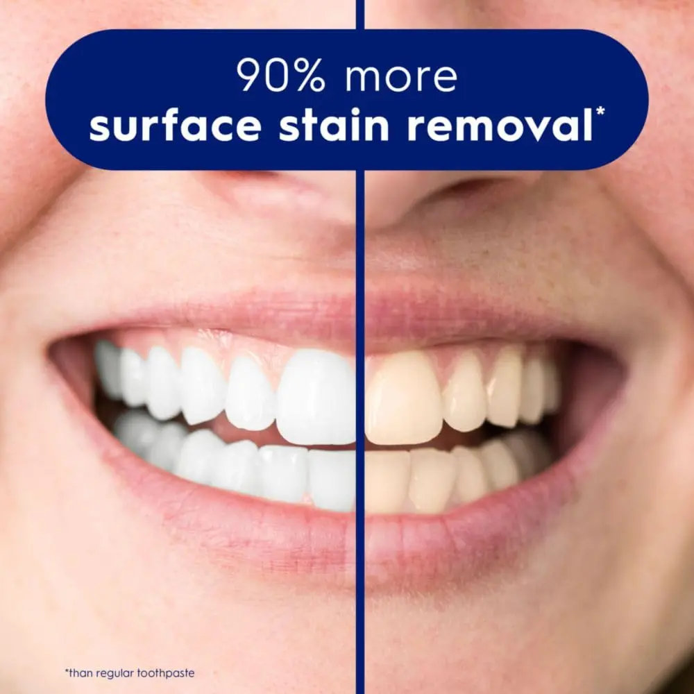 Four tubes of Crest 3D White Advanced Luminous Mint toothpaste for teeth whitening and cavity protection.