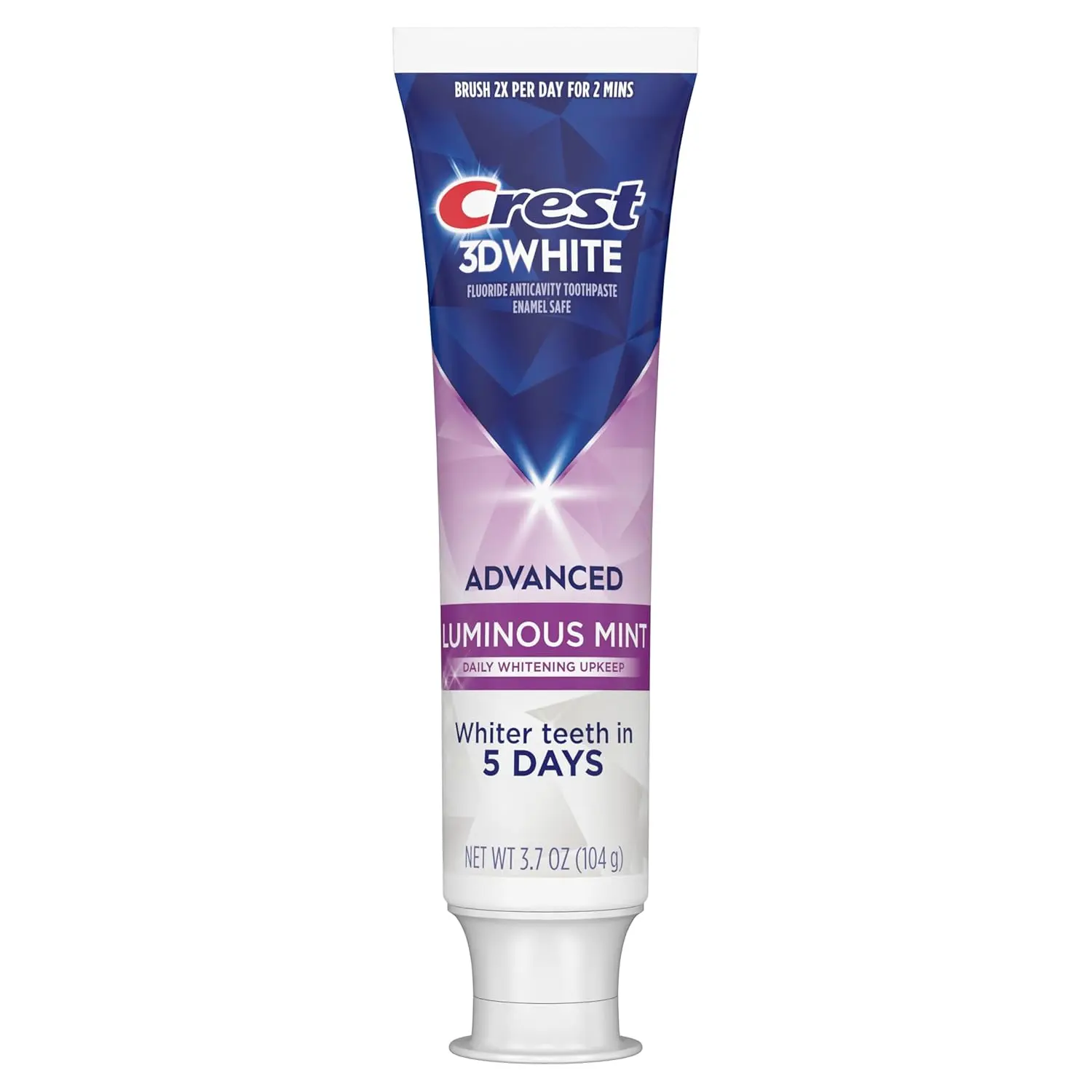 Four tubes of Crest 3D White Advanced Luminous Mint toothpaste for teeth whitening and cavity protection.