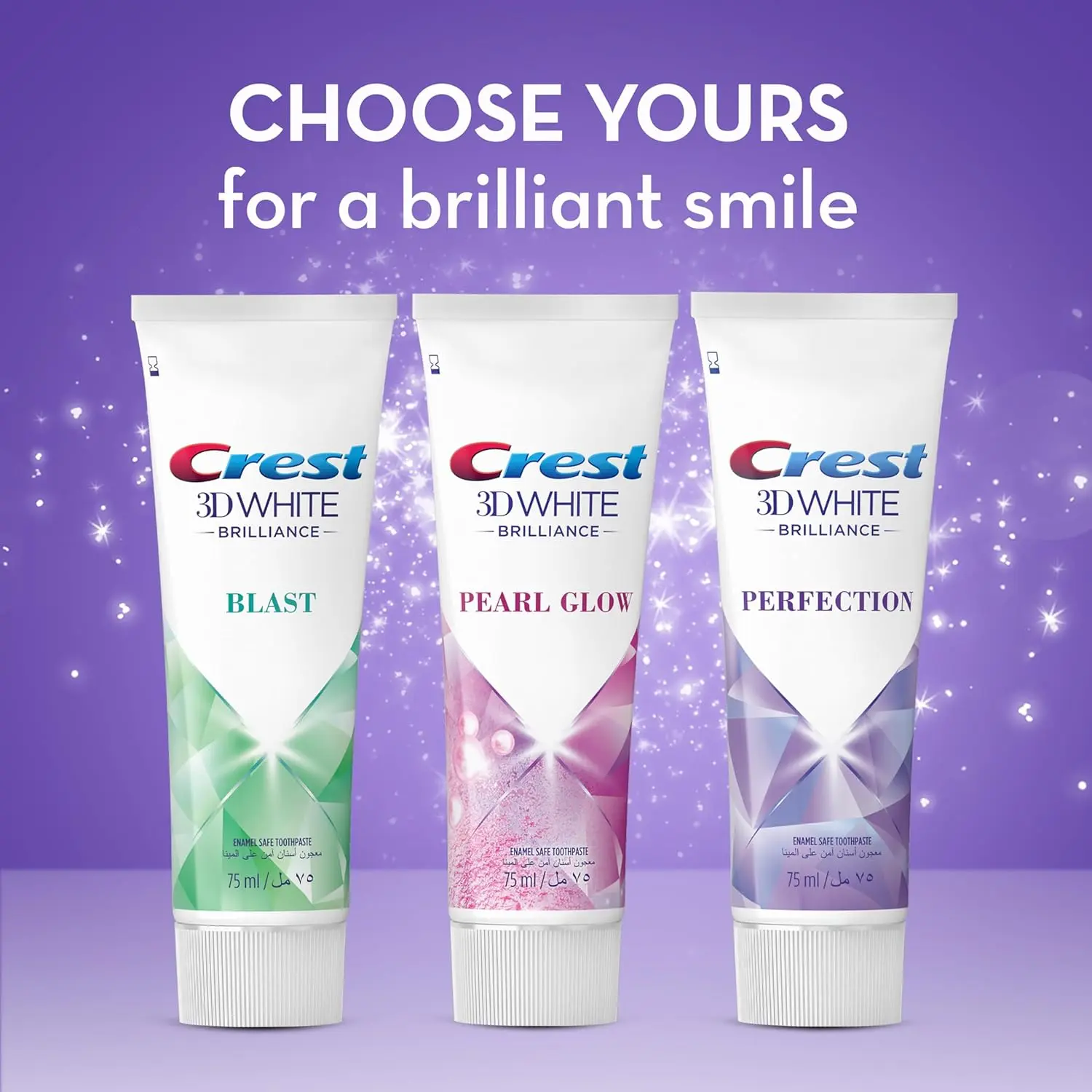 Crest 3D White Brilliance Perfection toothpaste removes surface stains in 3 days, protects enamel, prevents cavities and tartar, freshens breath, and offers advanced whitening.