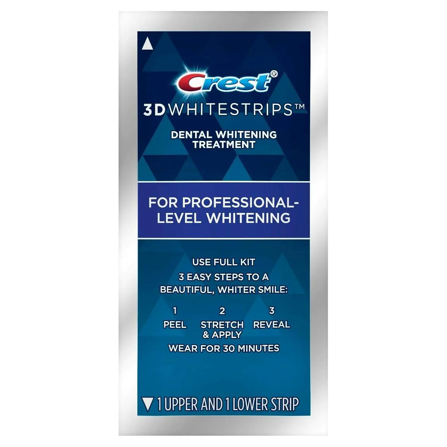 This image shows Crest 3D Whitestrips, a tooth whitener designed to provide professional-level whitening results lasting for 12 months and beyond.