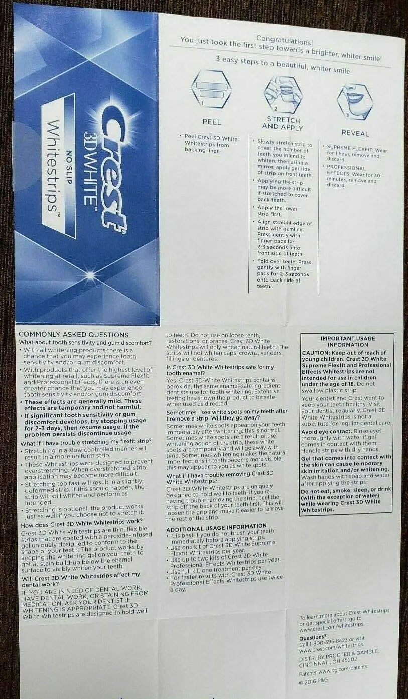 This image shows Crest 3D Whitestrips, a tooth whitener designed to provide professional-level whitening results lasting for 12 months and beyond.