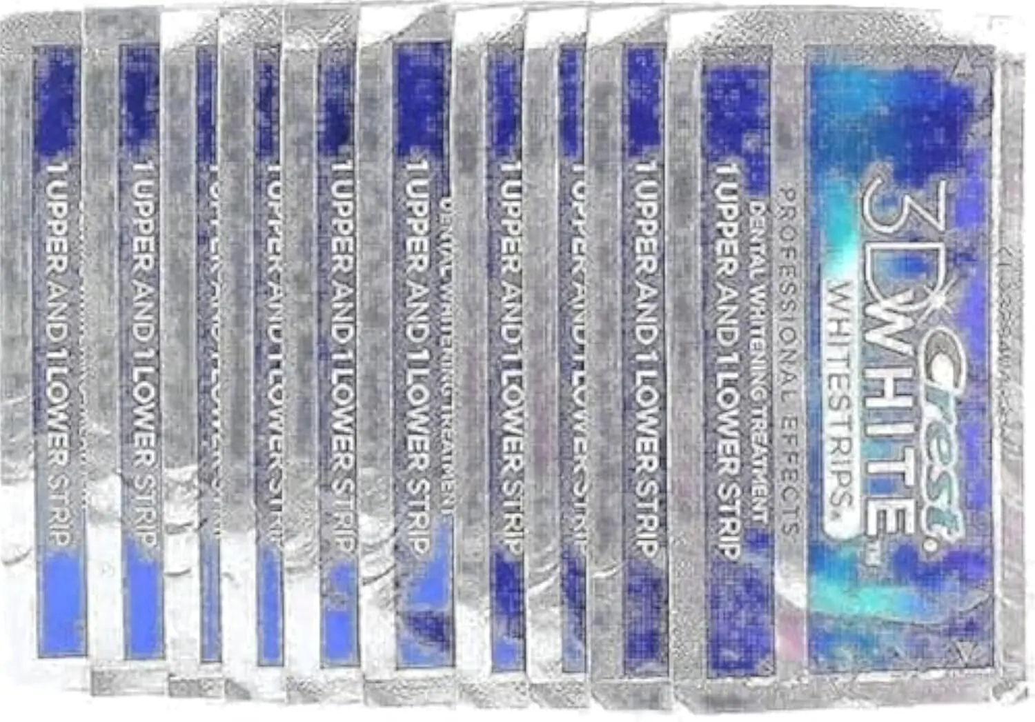 This image shows Crest 3D Whitestrips Professional Effects for teeth whitening at home, providing results that last up to 12 months with daily 30-minute application, featuring advanced seal technology for a no-slip grip.