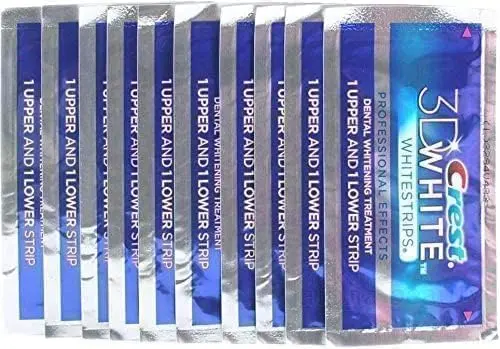 This image shows Crest 3D Whitestrips Professional Effects for teeth whitening at home, providing results that last up to 12 months with daily 30-minute application, featuring advanced seal technology for a no-slip grip.