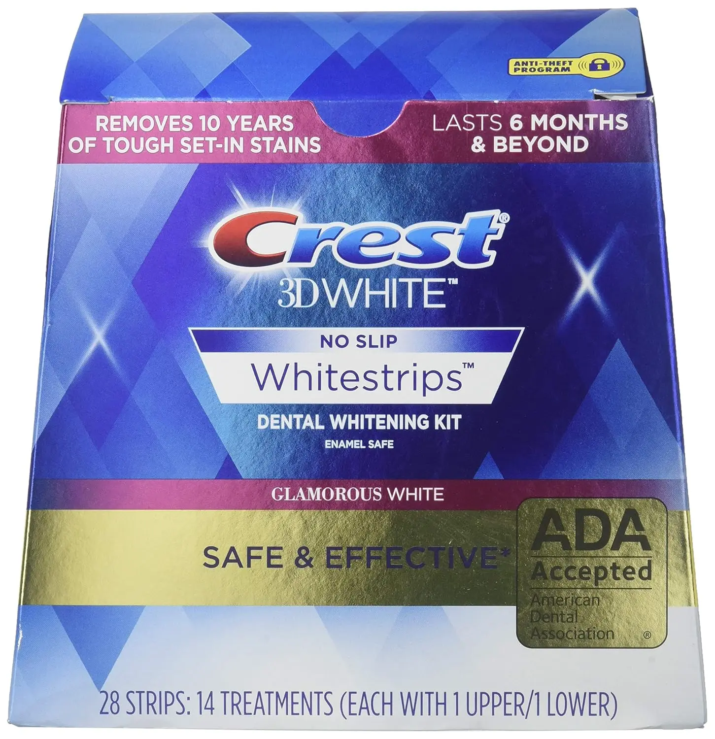 Package of Crest 3D Whitestrips LUXE Glamorous White with 28 teeth whitening treatments.