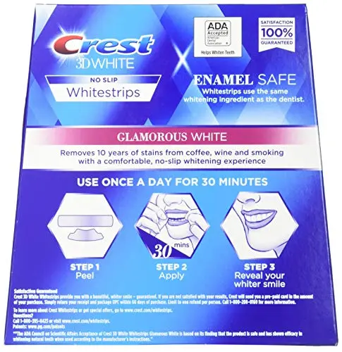 Package of Crest 3D Whitestrips LUXE Glamorous White with 28 teeth whitening treatments.