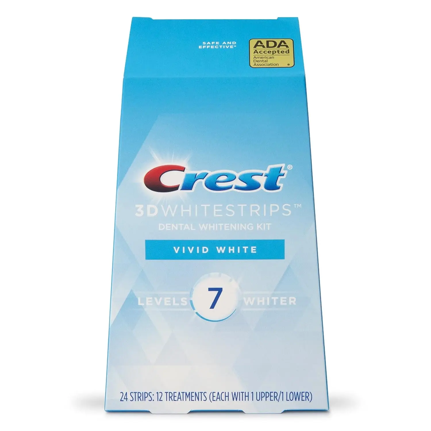 This image shows a Crest 3D Whitestrips teeth whitening kit containing 12 individually packaged, hygienically sealed treatments, formulated with care and packed with goodness for a brighter smile.